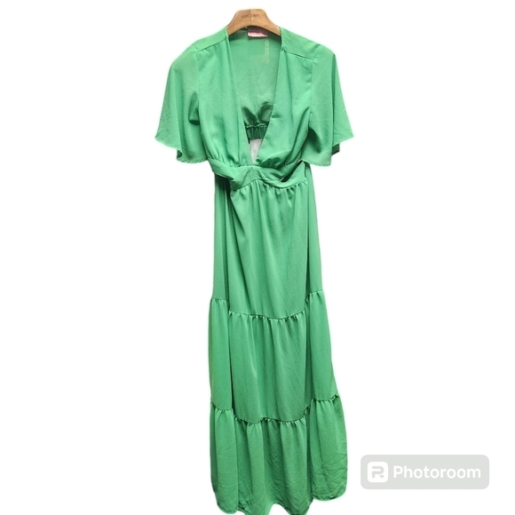 Lilly's Kloset Green Chiffon Temperament Low-cut Waist Dress Short Sleeve Sz. L - Picture 3 of 9